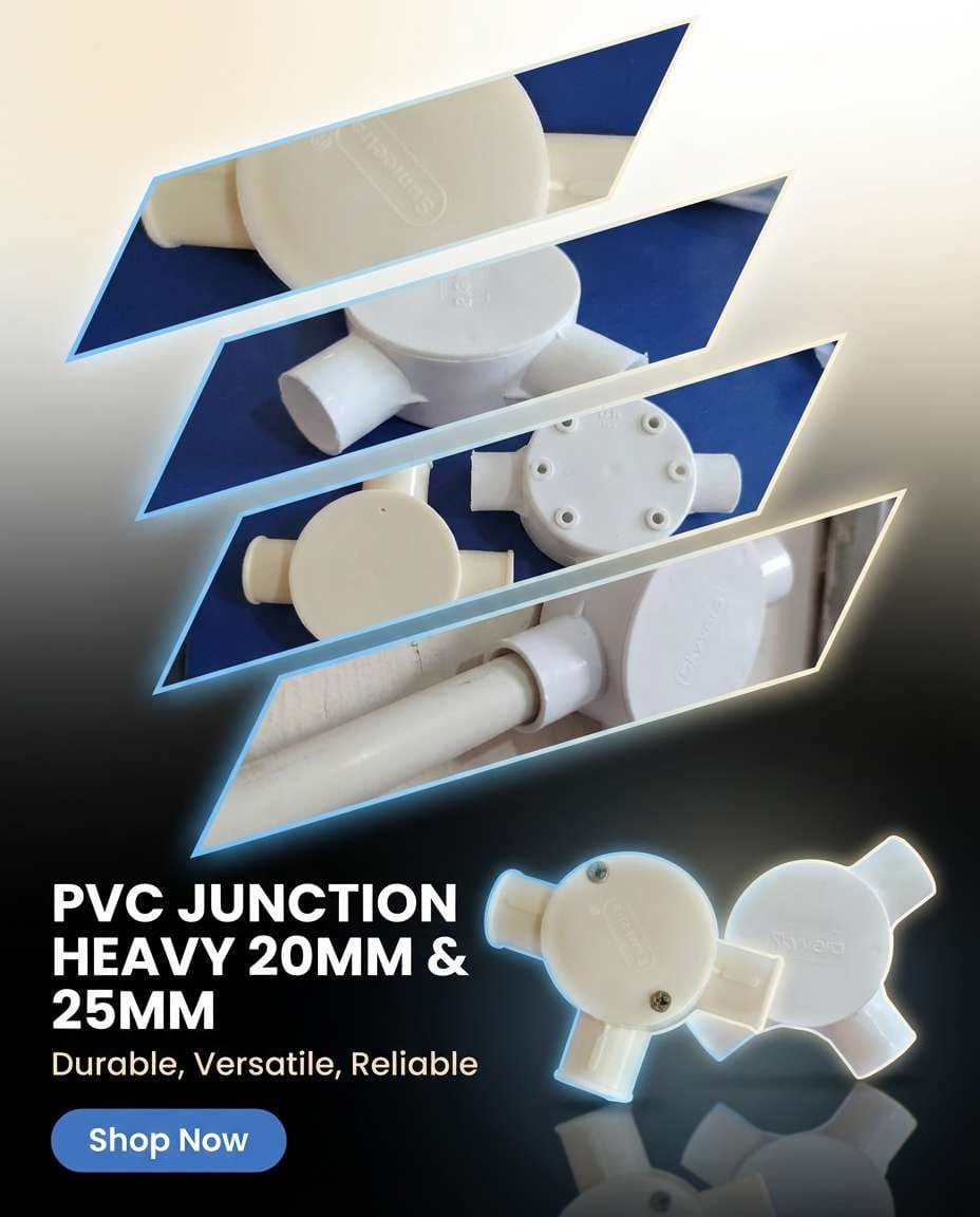 Heavy PVC junction fitting in 20 millimetre and 25 millimetre sizes